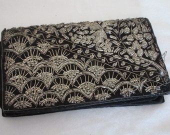 Vintage Black Gold Embroidered Clutch Purse