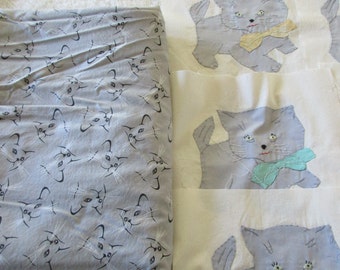 8 Kitten with bow quilt blocks plus 3 yards of grey cotton fabric kitten print