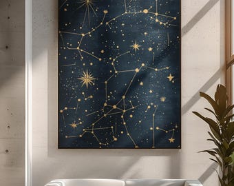 Gold Constellation Star Map Art Print Navy Celestial Decor Astrology Inspired Astronomy Wall Art Starry Night Sky Modern Canvas Poster Gift