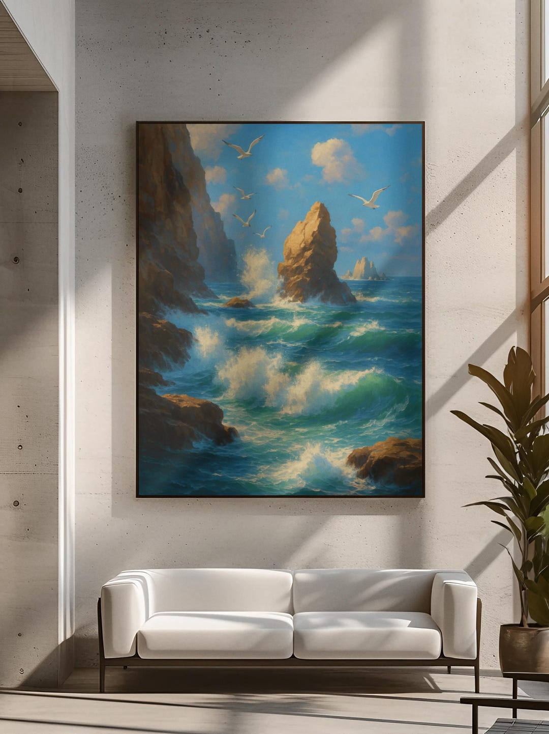 Ocean Waves Coastal Cliff Seagull Canvas Wall Art Nautical Seascape ...