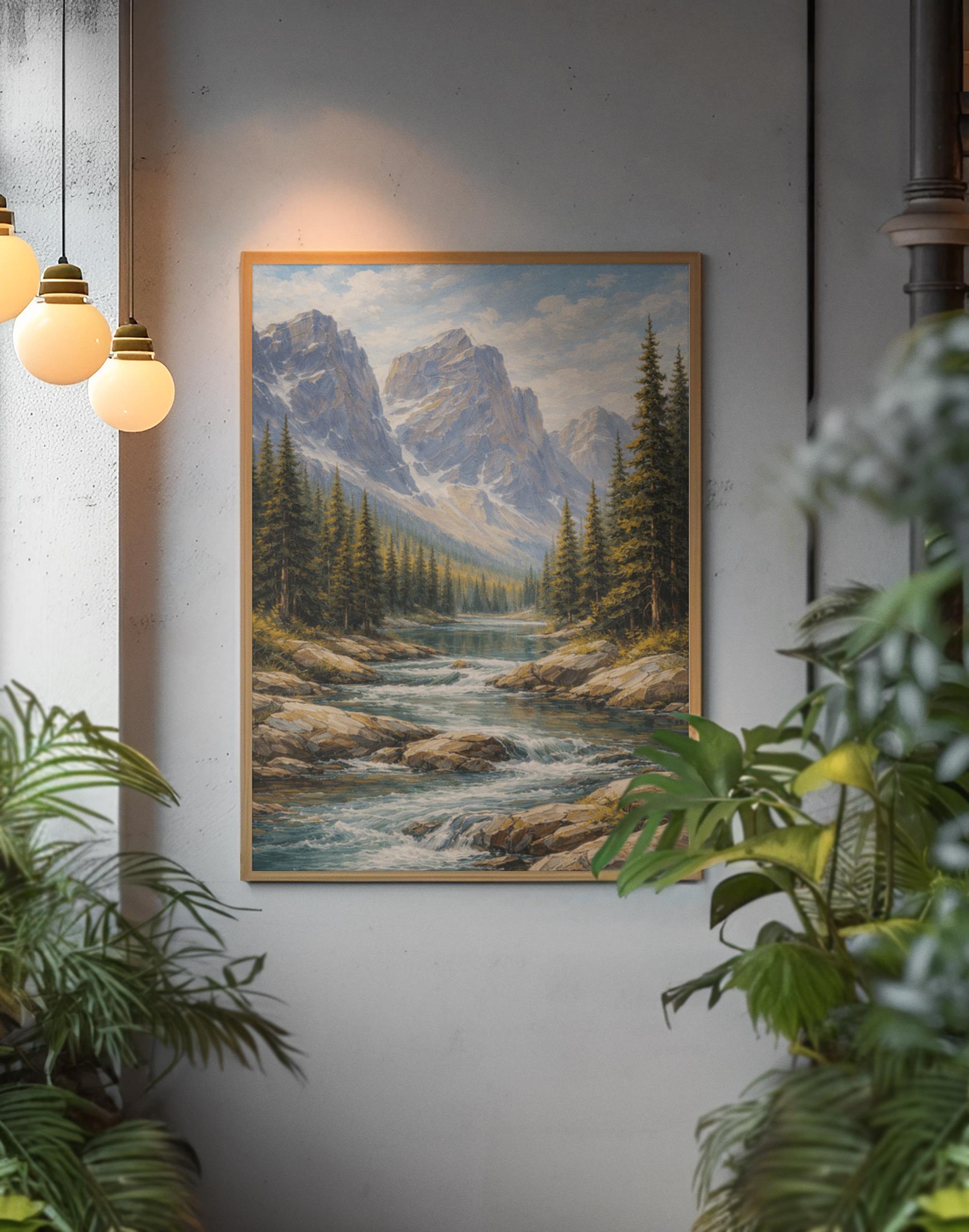 Alpine Mountain River Canvas Print Wilderness Landscape Wall Art Rustic ...