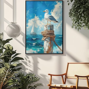 Seagull on Dock Canvas Print Coastal Beach House Wall Art Nautical ...