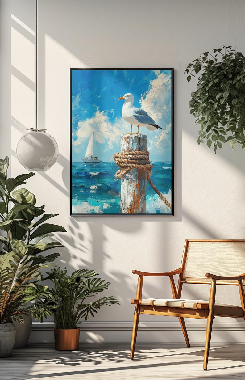 Seagull on Dock Canvas Print Coastal Beach House Wall Art Nautical ...