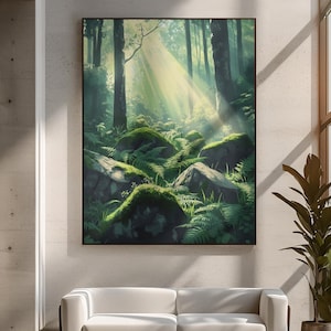 Ethereal Forest Wall Art 8K Print Mossy Stones Sunlight Ferns Green Nature Scene Calming Mist Landscape Healing Decor Dreamy Canvas Look