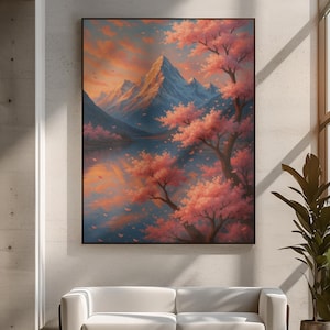 Traditional Japanese Landscape Painting Cherry Blossoms River Mountains Nature Wall Art Zen Style Home Decor Tranquil Interior Living Room