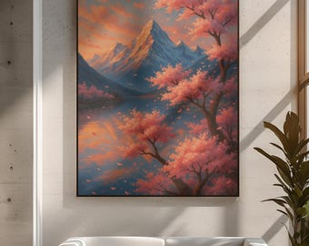 Japanese Cherry Blossom Canvas Print Zen Mountain Landscape Wall Art Sakura Tree Painting Asian Nature Inspired Spring Floral Decor Artwork