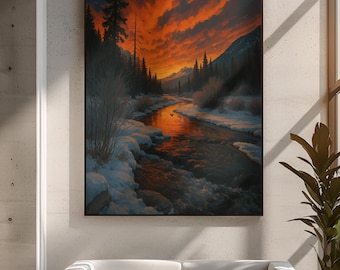 Puede incluir: Una pintura de paisaje enmarcada representa una escena de río con orillas nevadas bajo un cielo de puesta de sol naranja y rojo vibrante. Árboles oscuros bordean el río, y la obra de arte cuelga sobre un sofá blanco en un interior moderno.