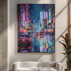 Impresión en lienzo de Tokio: luces de neón, paisaje urbano japonés, arte mural, escena nocturna futurista, decoración urbana moderna.