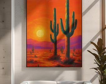 Arizona Desert Cactus Landscape Canvas Painting Vibrant Sunset Wall Art Southwest Boho Home Decor Warm Colorful Western Artwork Color Sun