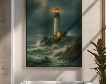 Stormy Lighthouse Canvas Print Moody Coastal Wall Art Ocean Waves Nautical Seaside Painting Beach House Decor Dramatic Inspired Artwork Gift