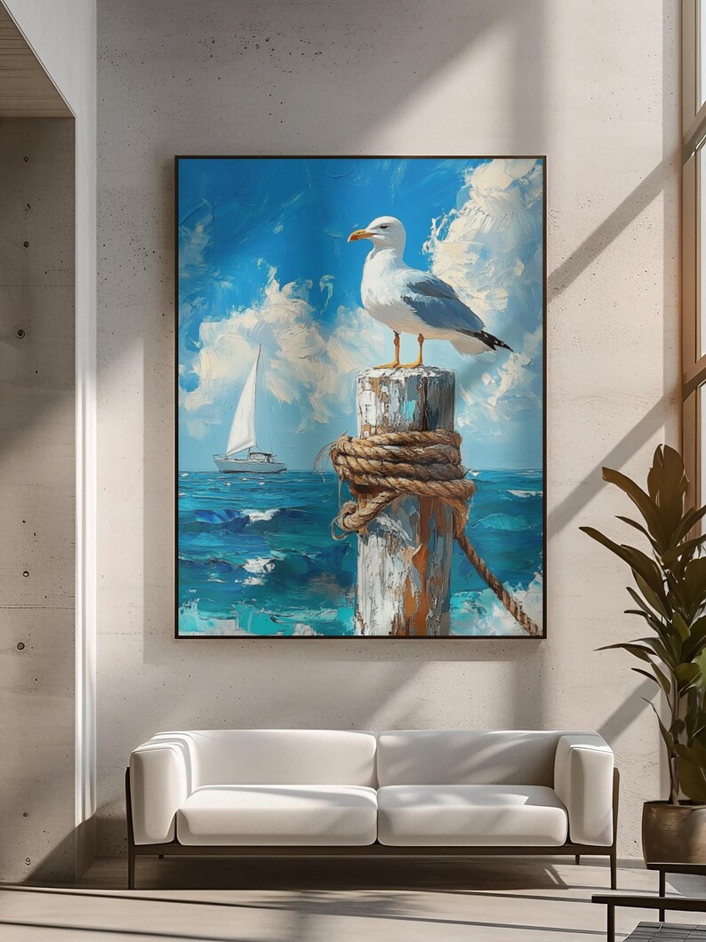 Seagull on Dock Canvas Print Coastal Beach House Wall Art Nautical ...