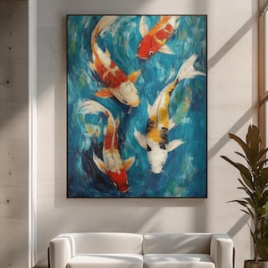 Koi Fish Canvas Print - Abstract Japanese Pond Wall Art - Colorful Vibrant Luxury Coastal Home Decor