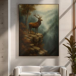 Majestic Elk Canvas Print - Misty Forest Cliff Wall Art - Rustic Wilderness Lodge Cabin Nature Landscape Decor