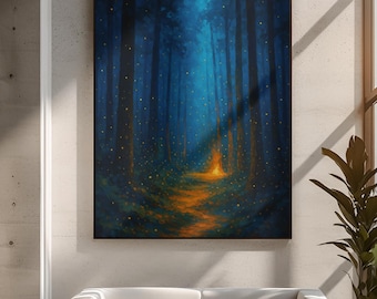 Art de toile forêt luciole, peinture paysage boisé mystique, art mural lueur nocturne, scène de la nature enchantée, cadeau toile inspiré d'une cabane rustique