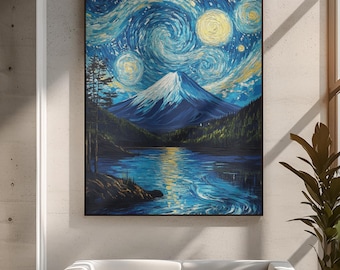 癒しの絵画＊満月星空青富士　金波　銀河富獄　夜空流星　金運邪気払い　sunsui ヴァン・ゴッホの星月夜富士山キャンバスプリント日本の風景画、東西の