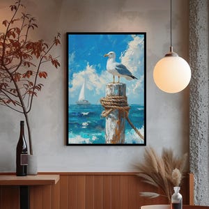 Seagull on Dock Canvas Print Coastal Beach House Wall Art Nautical ...