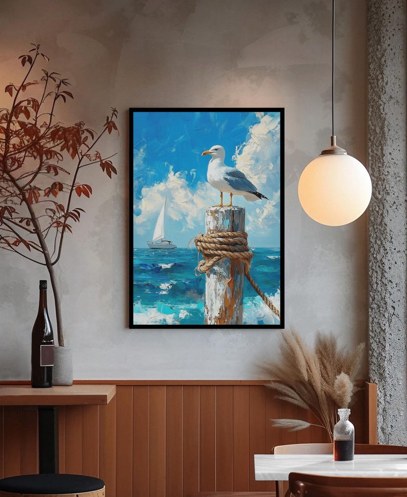 Seagull on Dock Canvas Print Coastal Beach House Wall Art Nautical ...