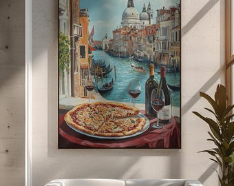 Venice Canal Canvas Print - Italian Restaurant Scene Wall Art - Pizza Pasta Wine Rustic Kitchen Dining Decor