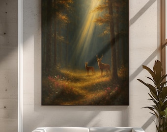 Deer Canvas Wall Art Nature Decor Forest Painting Woodland Wildlife Art Rustic Cabin Decor Stag Buck Doe Canvas Print Country Home Artwork
