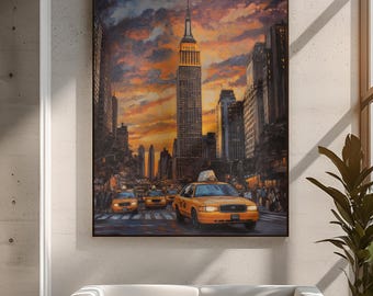 New York City Canvas Print - Yellow Taxi NYC Skyline Wall Art - Manhattan Urban Street Scene Modern Decor