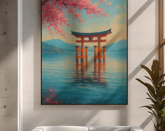 May include: A framed art print depicting a serene Japanese landscape. The artwork features a vibrant orange torii gate standing in calm water, with pink cherry blossoms overhead. The background includes mountains and a soft, blue sky.