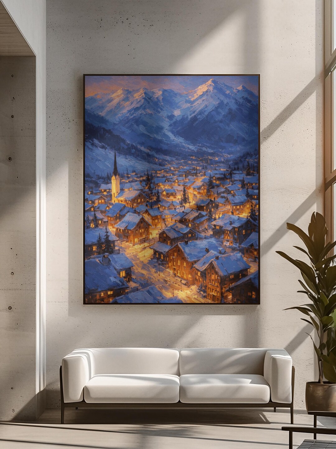Alpine Winter Village Painting Mountain Snow Town Canvas Wall Art Cozy ...