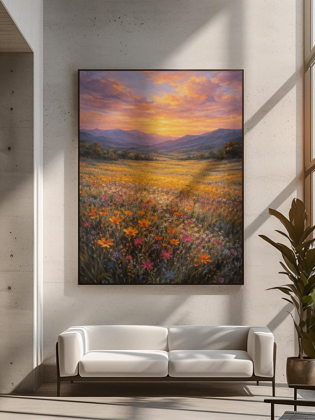 Wildflower Meadow Sunrise Painting Mountain Valley Landscape Canvas ...