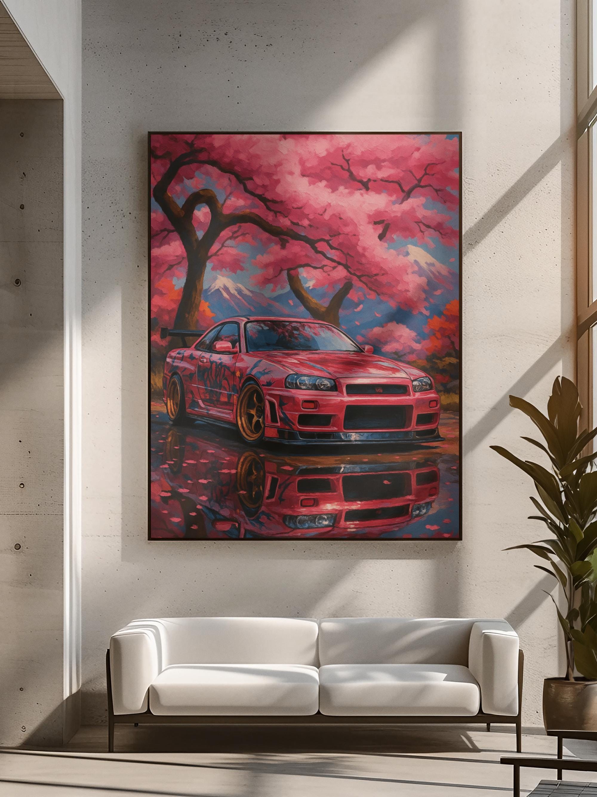 Japanese Drift Car Canvas Print Cherry Blossom Mountain JDM Racing