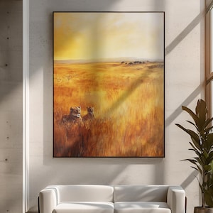 Lion and Lioness Wall Decor African Savanna Canvas Wildlife Sunset Scene Animal Couple Resting Grassland Decor Hand Painted Look