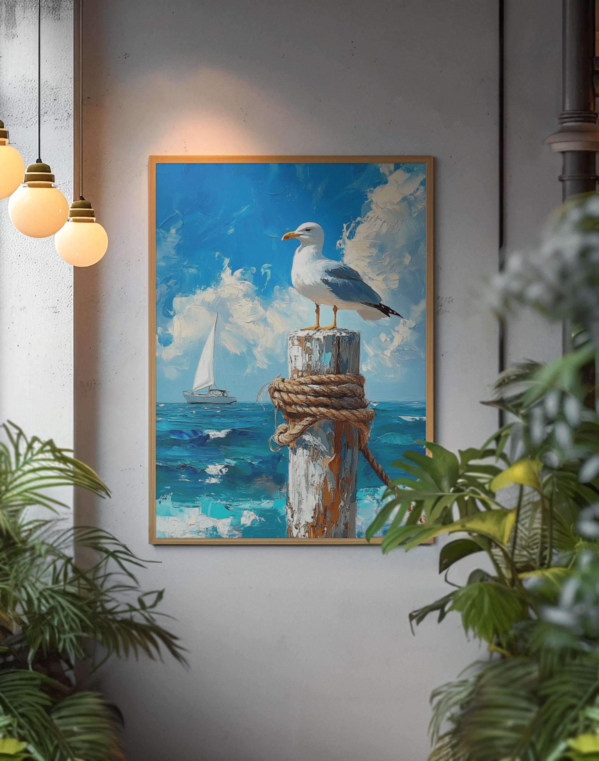 Seagull on Dock Canvas Print Coastal Beach House Wall Art Nautical ...
