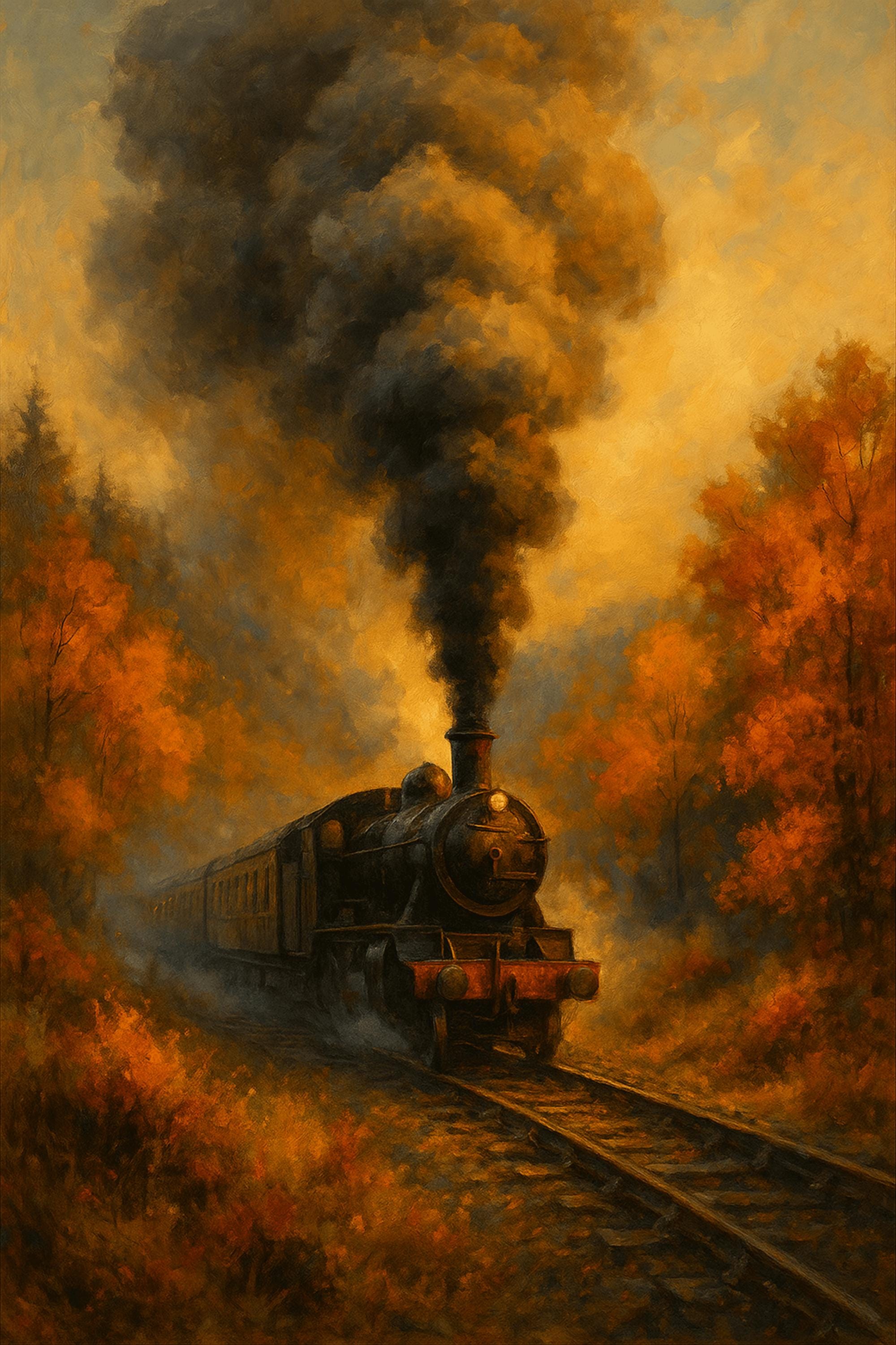 秋の蒸気機関車の油絵キャンバス壁アートヴィンテージ機関車鉄道風景