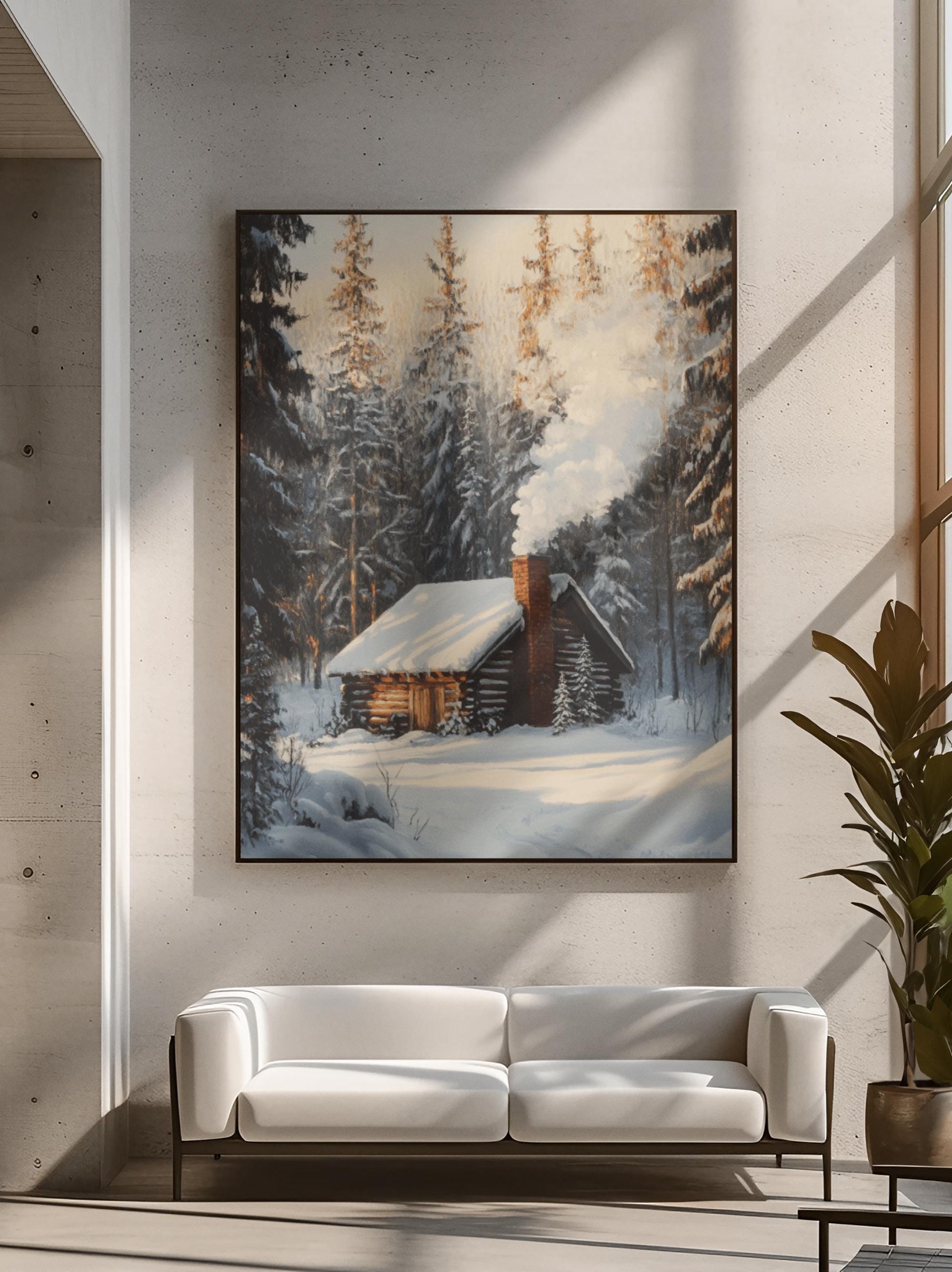 Snowy Cabin Wall Decor Winter Forest Wall Art Pine Trees Canvas Rustic Landscape Morning Light Peaceful Scene Hand Painted Look Home Decor