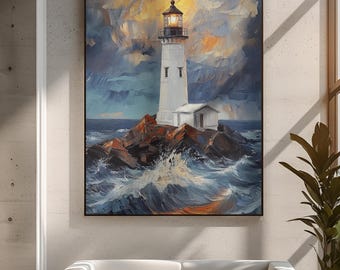 Leuchtturm Leinwand Wand Kunst Stürmische Ozean Wellen Küsten Nautik Dekor Meerlandschaft Gemälde Dramatische Leuchtturm Kunstwerk Strand Haus Dekor Geschenk