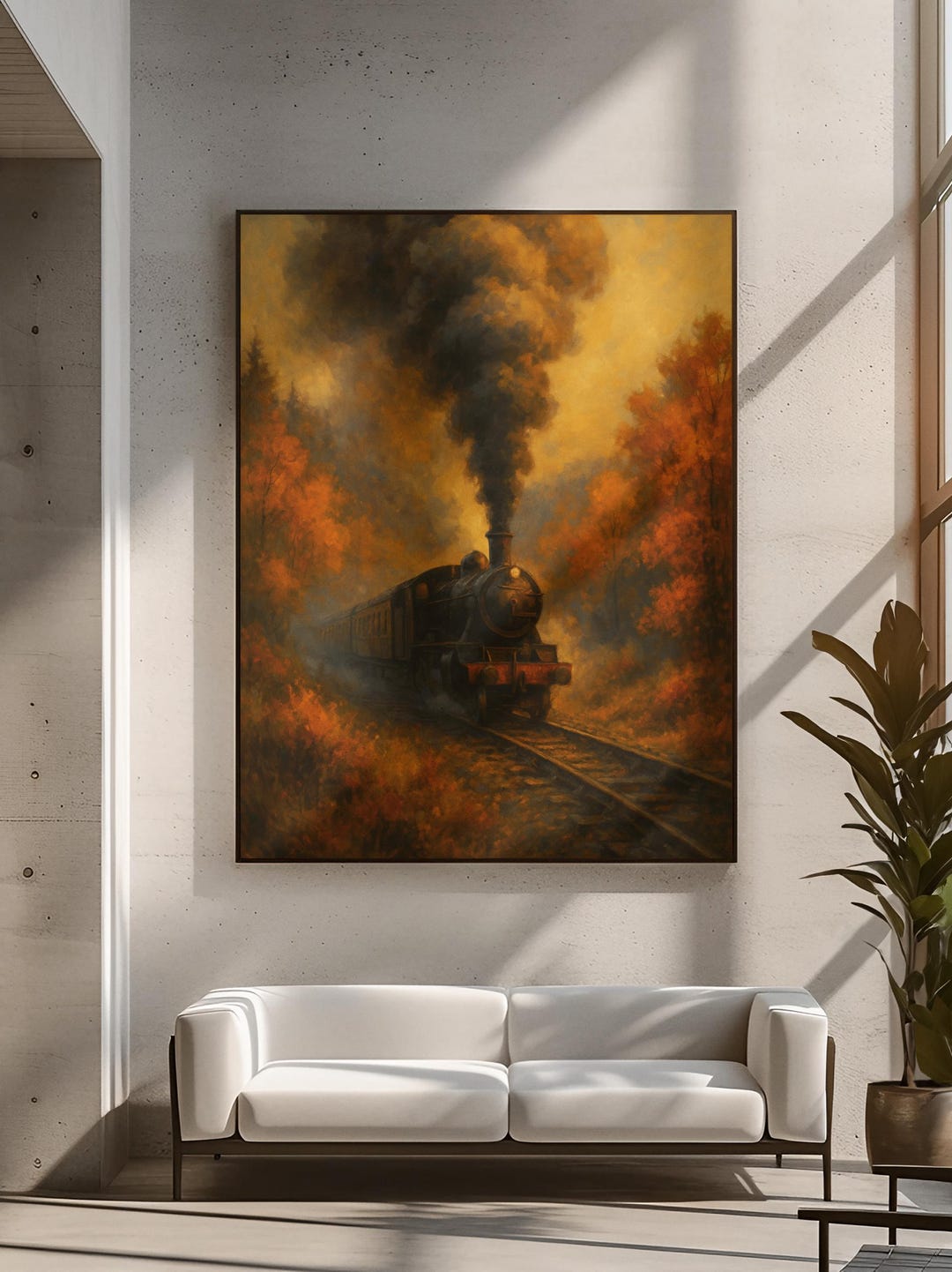 秋の蒸気機関車の油絵キャンバス壁アートヴィンテージ機関車鉄道風景