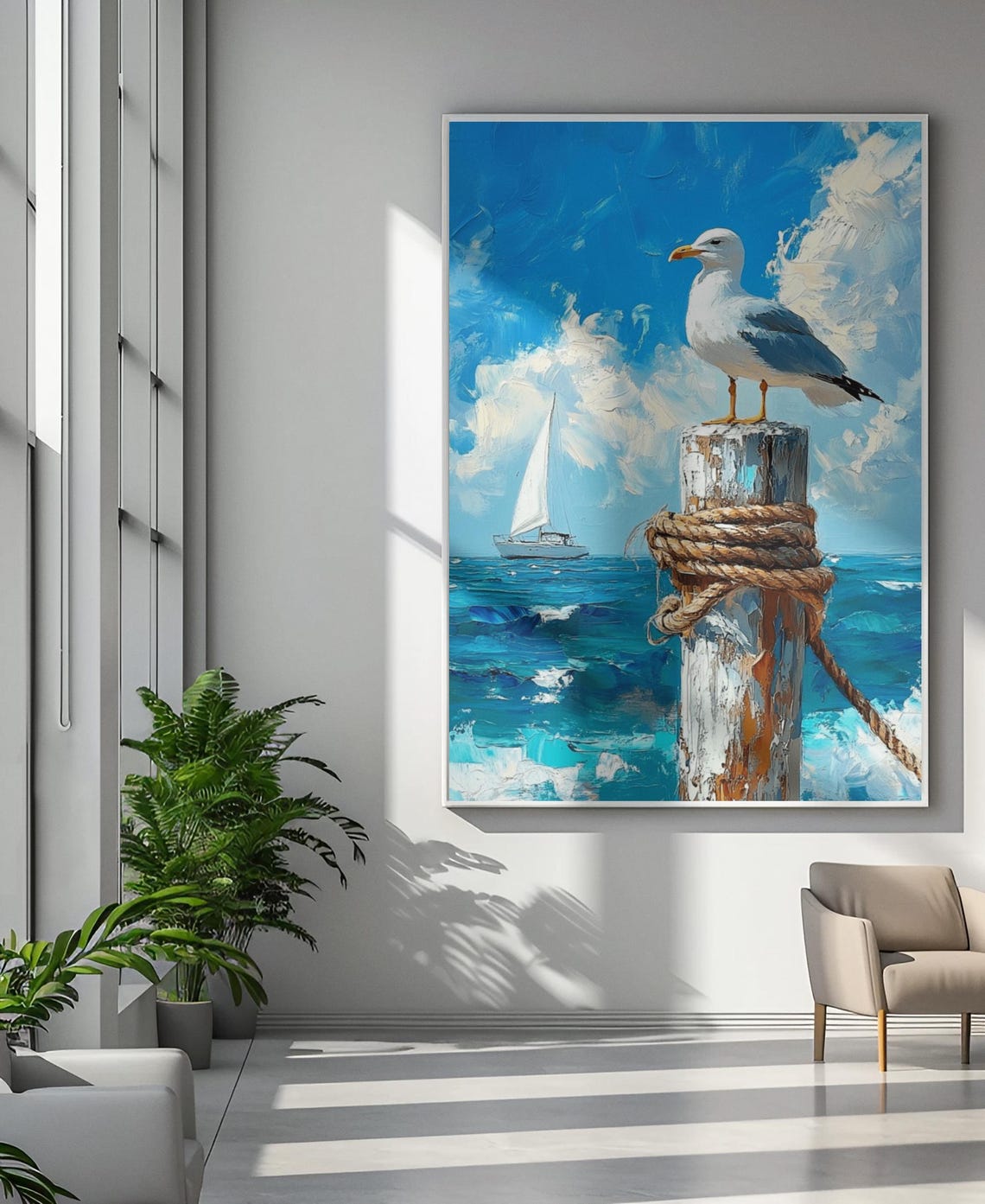 Seagull on Dock Canvas Print Coastal Beach House Wall Art Nautical ...