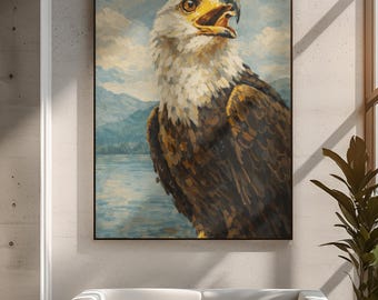 Bald Eagle Canvas Wall Art Wildlife Painting Freedom Symbol Rustic Cabin Decor Patriotic Nature Artwork Lodge Office Living Room Statement