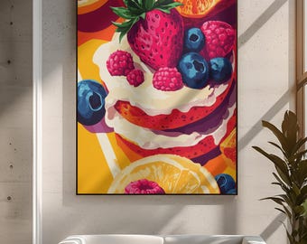 Strawberry Pancake Pop Art Print Retro Kitchen Cafe Decor Colorful Breakfast Food Painting Vintage Poster Dining Wall Art Inspired Artwork