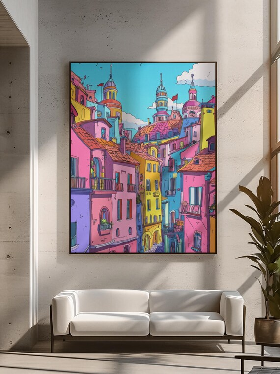オリジナル切り絵アートワーク「Cityscape」・40x40cm・フレーム付き Colorful Cityscape Art Print: Whimsical Doodle Building
