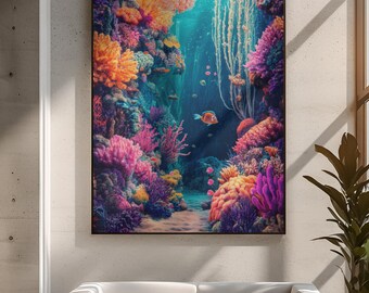Coral Reef Canvas Art Underwater Fantasy Ocean Print Coastal Wall Decor Tropical Sea Nautical Beach House Marine Inspired Seascape Canvas