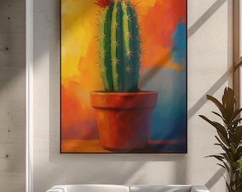Impresión en lienzo de cactus abstracto, vibrante arte de pared suculento, estilo bohemio del suroeste, decoración de plantas de terracota, pintura botánica del desierto, naturaleza moderna