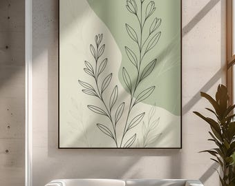 Green Botanical Line Art Canvas Minimalist Scandinavian Wall Decor Abstract Leaf Drawing Modern Neutral Plant Inspired Nature Wall Art Gift