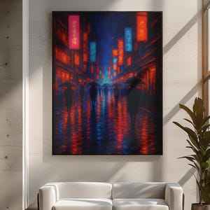 Neon Street Rainy Night Canvas Print - Abstract City Lights Wall Art - Modern Urban Reflection Home Decor