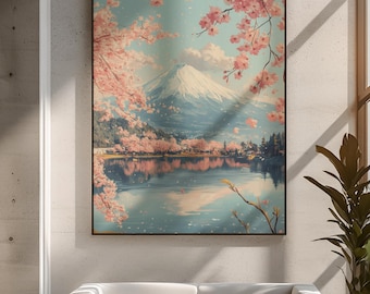 Japanese Poster Mount Fuji Wall Decor Cherry Blossom Canvas Traditional Ukiyo-e Style Asian Landscape Decor Hand Painted Look