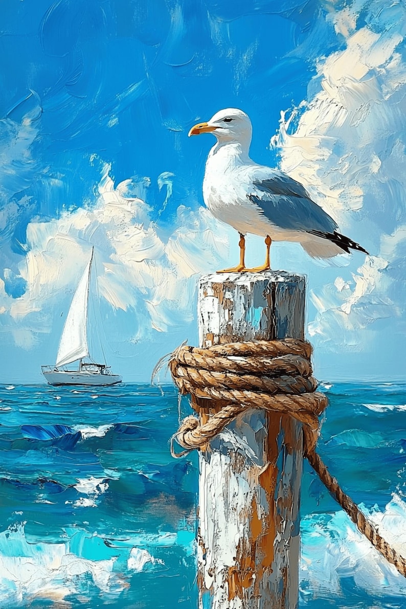 Seagull on Dock Canvas Print Coastal Beach House Wall Art Nautical ...