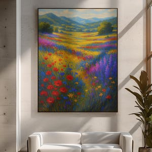 Wildflower Meadow Canvas Art Colorful Landscape Painting Rustic Nature Wall Art Farmhouse Country Decor Inspired Garden Floral Artwork Gift