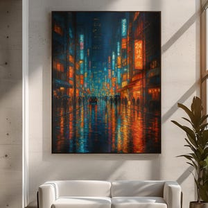 Neon Rain Cityscape Canvas Print Vibrant Urban Night Art Futuristic Cyberpunk Wall Decor Modern City Street Painting Reflections Nightscape