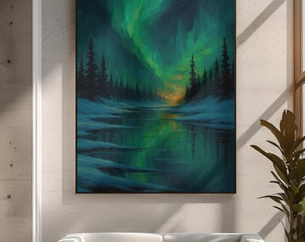 Könnte beinhalten: Ein gerahmtes Landschaftsgemälde zeigt ein lebendiges Nordlicht über einem verschneiten Wald und einem reflektierenden Gewässer. Das Kunstwerk zeigt Farbtöne von Grün, Blau und Orange und erzeugt eine ruhige und fesselnde Szene. Das Gemälde wird über einem weißen Sofa in einem modernen Wohnraum ausgestellt.