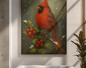Puede incluir: Pintura enmarcada de un cardenal rojo vibrante posado en una rama con acebo y bayas rojas. La obra de arte se presenta sobre un fondo nevado y apagado, creando una escena invernal. La pintura se exhibe sobre un sofá blanco en una sala de estar moderna.