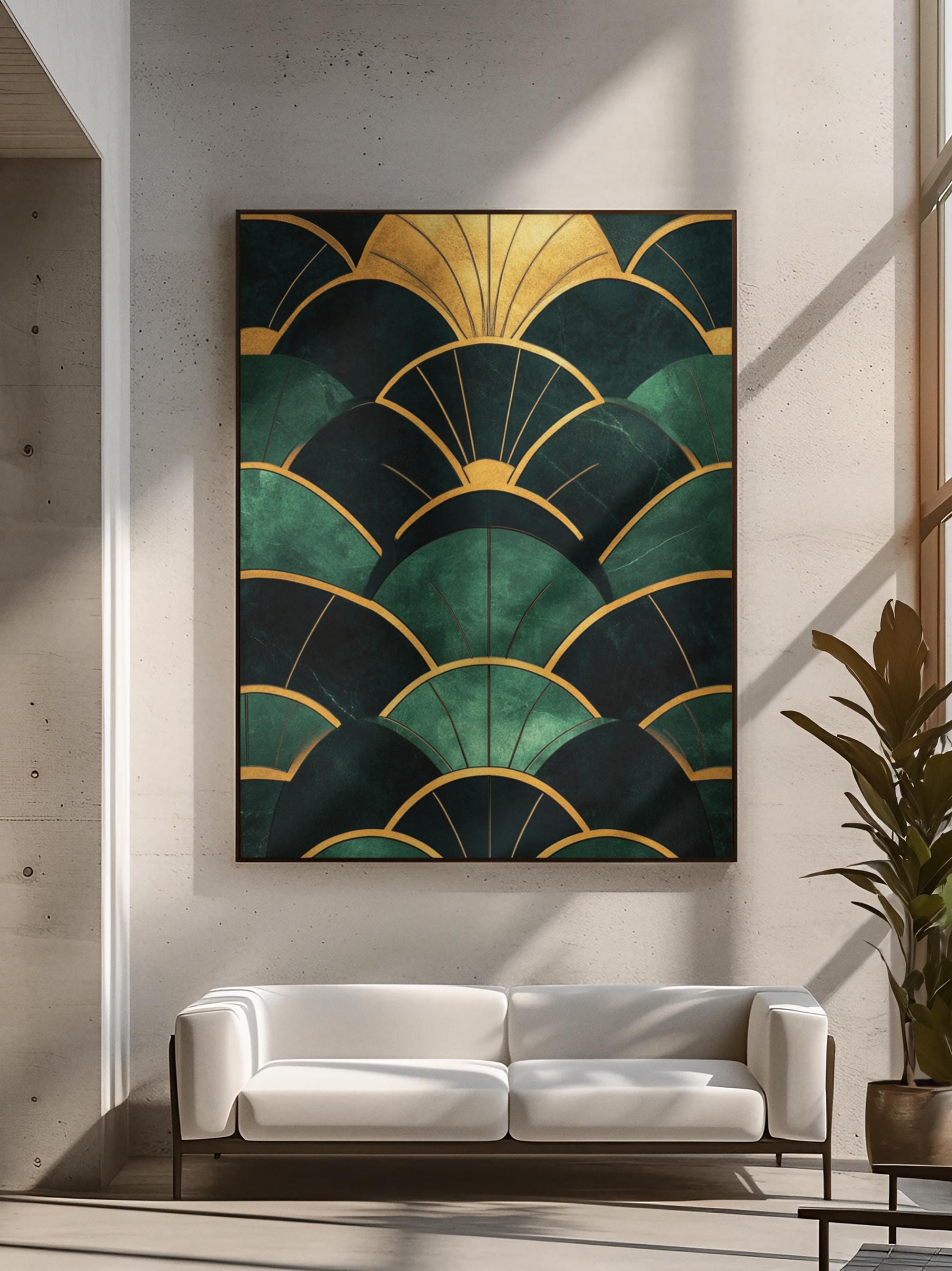 Art Deco Emerald Green Gold Canvas Print 1920s Geometric Fan Abstract Painting Modern Wall Art Glamorous Retro Style Living Luxury Canvas