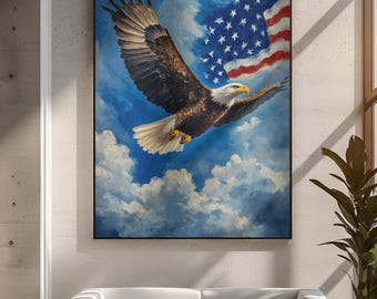 Bald Eagle Canvas Print American Flag Patriotic Wall Art Rustic Lodge Cabin Decor Wildlife Nature Inspired Freedom Majestic Bird Canvas Gift
